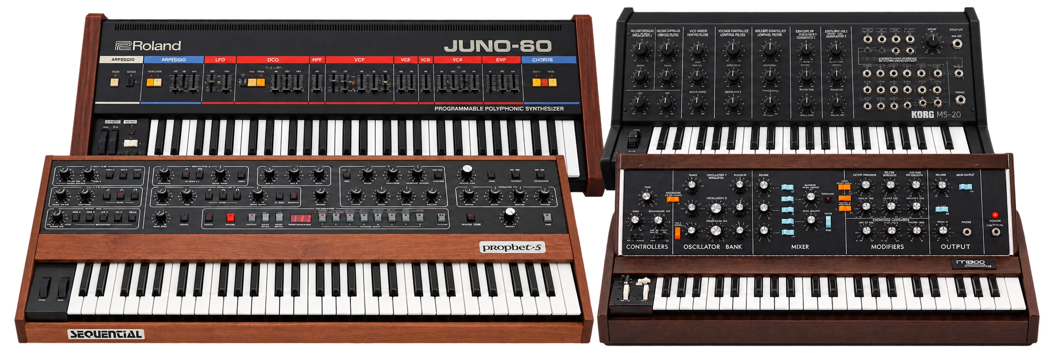 Layered synth collection: Prophet-5 and Minimoog in front, Juno-60 and MS-20 behind